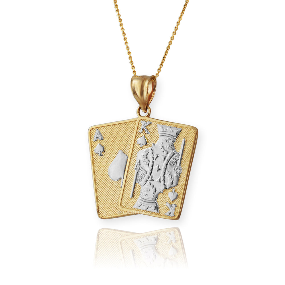 Gold Ace and King of Spades Playing Cards Pendant Necklace (yellow, white, rose, 2-tone, 10k, 14k) Karma Blingz