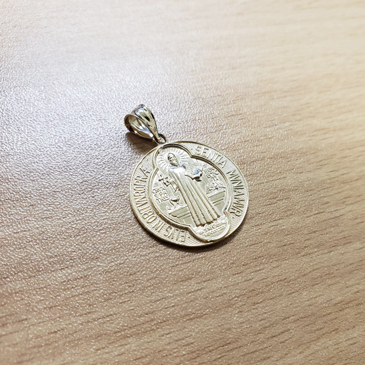 Gold St. Benedict Reversible Medal Cross Pendant Necklace (yellow, white, 2-tone, rose gold, 10k, 14k,) Karma Blingz