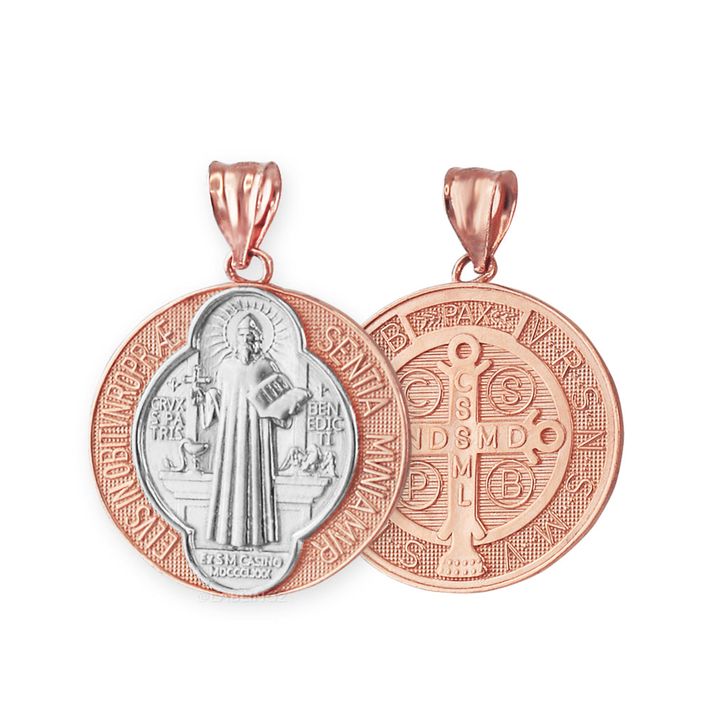 Gold St. Benedict Reversible Medal Cross Pendant Necklace (yellow, white, 2-tone, rose gold, 10k, 14k,) Karma Blingz