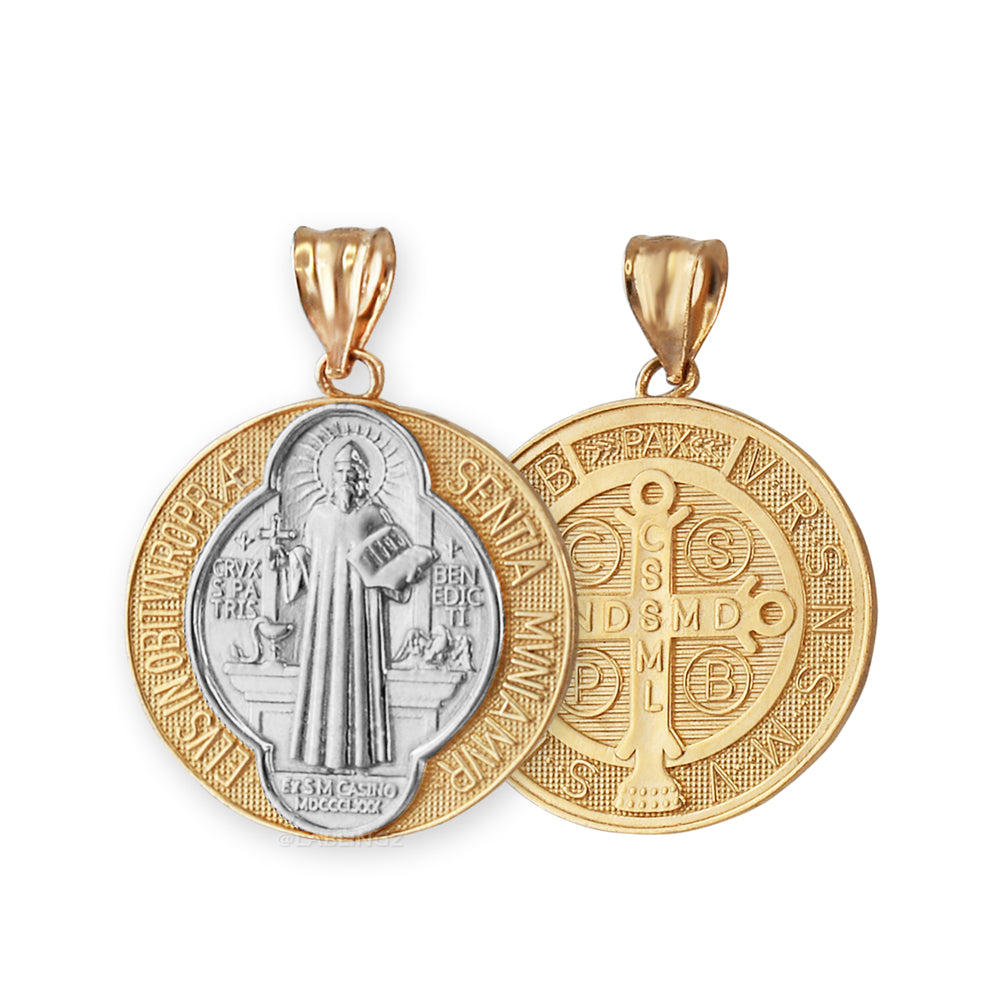 Gold St. Benedict Reversible Medal Cross Pendant Necklace (yellow, white, 2-tone, rose gold, 10k, 14k,) Karma Blingz