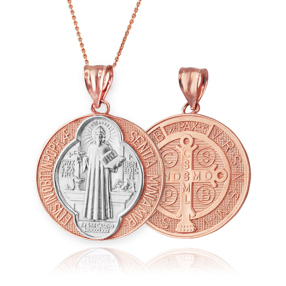 Gold St. Benedict Reversible Medal Cross Pendant Necklace (yellow, white, 2-tone, rose gold, 10k, 14k,) Karma Blingz
