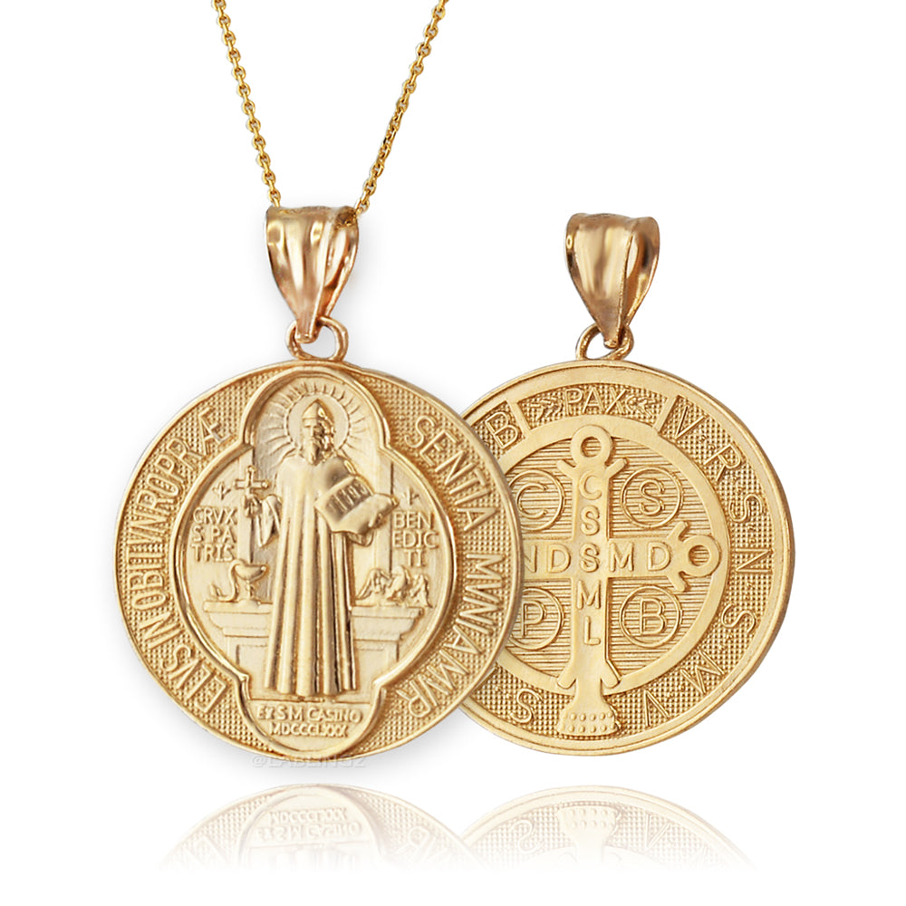 Gold St. Benedict Reversible Medal Cross Pendant Necklace (yellow, white, 2-tone, rose gold, 10k, 14k,) Karma Blingz