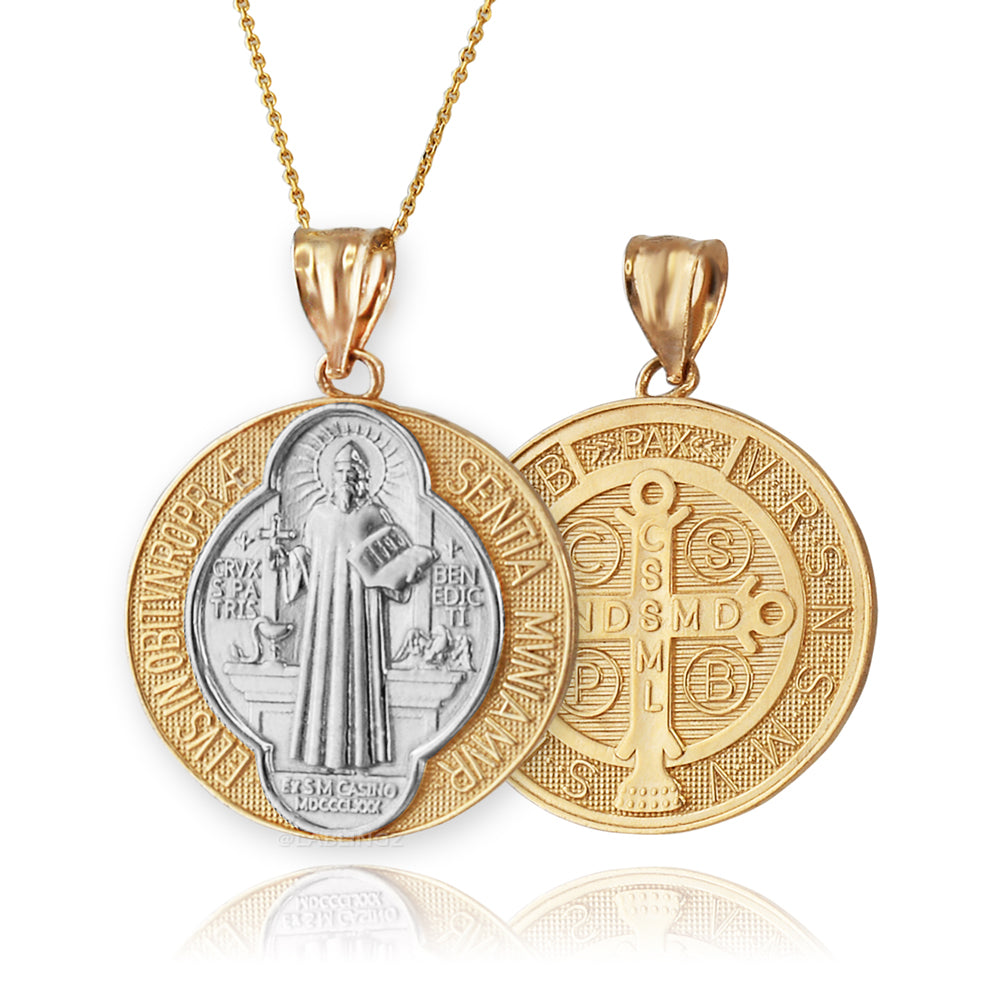 Gold St. Benedict Reversible Medal Cross Pendant Necklace (yellow, white, 2-tone, rose gold, 10k, 14k,) Karma Blingz