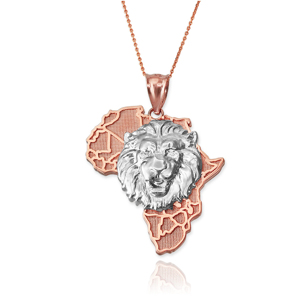 Gold African Lion Pendant Necklace (yellow, white, rose, 2-tone gold, 10K, 14K) Karma Blingz