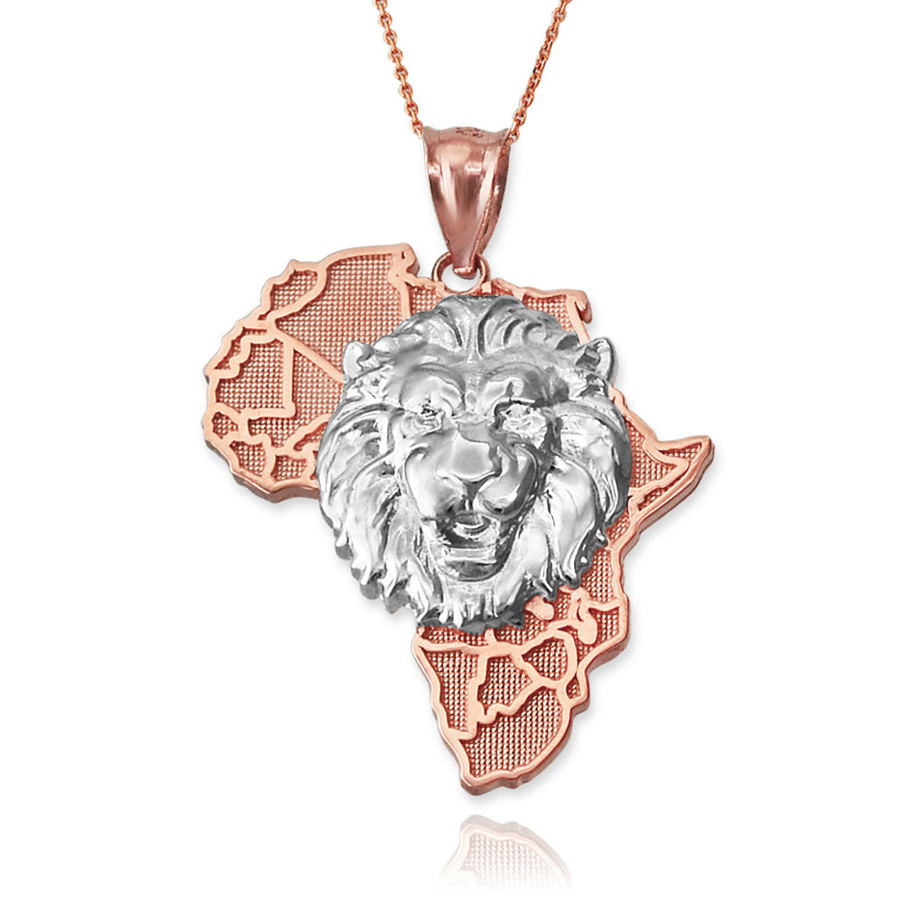 Gold African Lion Pendant Necklace (yellow, white, rose, 2-tone gold, 10K, 14K) Karma Blingz