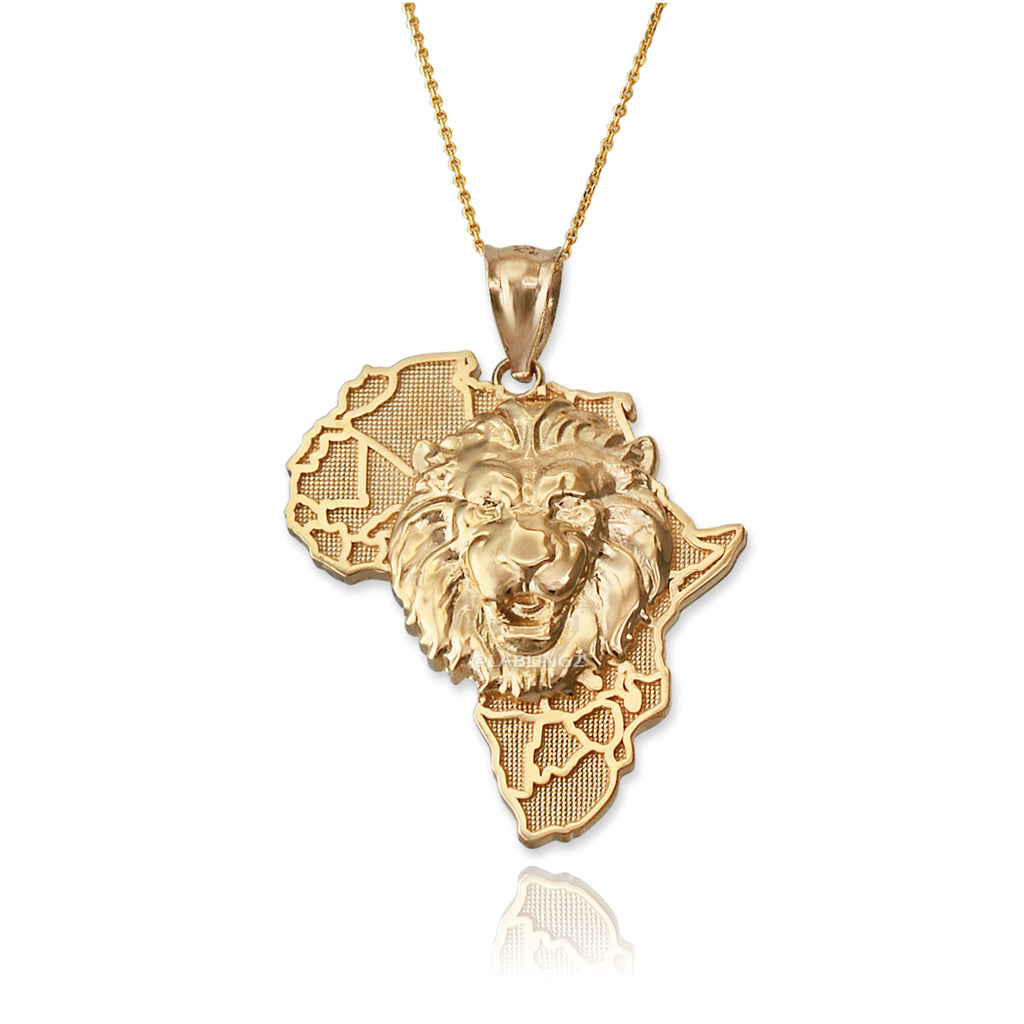 Gold African Lion Pendant Necklace (yellow, white, rose, 2-tone gold, 10K, 14K) Karma Blingz