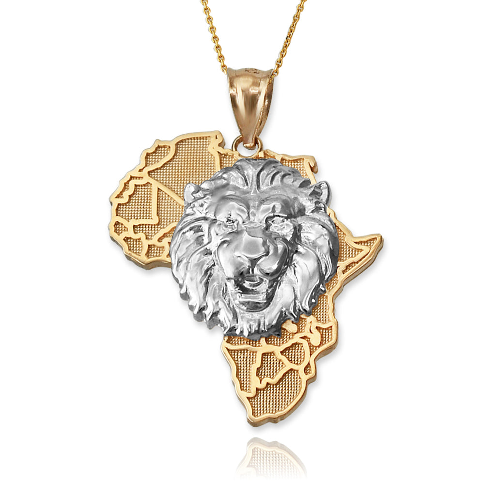 Gold African Lion Pendant Necklace (yellow, white, rose, 2-tone gold, 10K, 14K) Karma Blingz