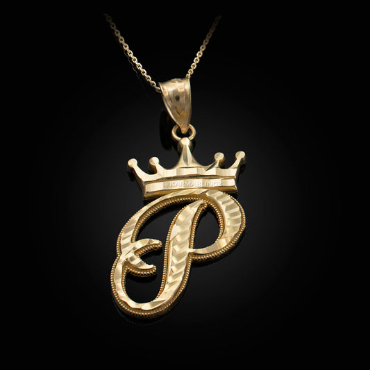 Gold Alphabet Cursive Letter 'P' Initial DC Pendant Necklace (yellow, white, rose, 10K, 14K) Karma Blingz