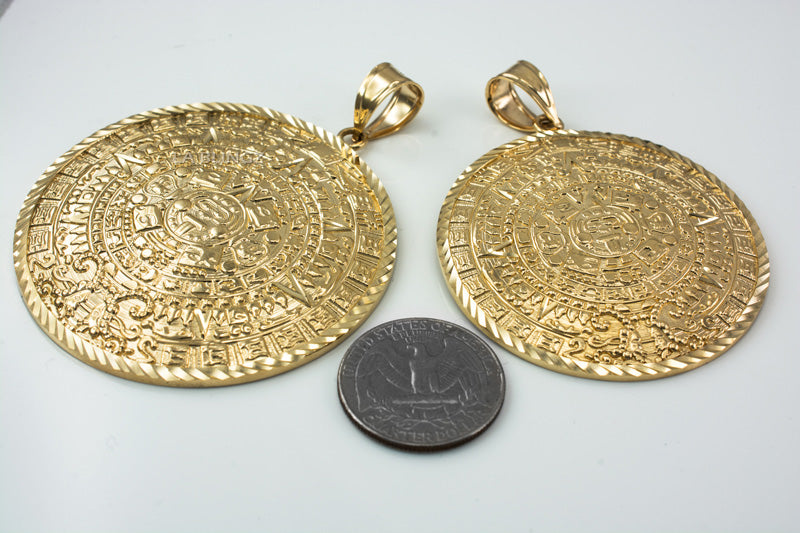 Gold Aztec Mayan Sun Calendar Extra Large Pendant (XL/XXL) (yellow, white, rose gold) Karma Blingz