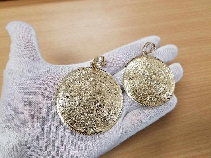 Gold Aztec Mayan Sun Calendar Extra Large Pendant (XL/XXL) (yellow, white, rose gold) Karma Blingz