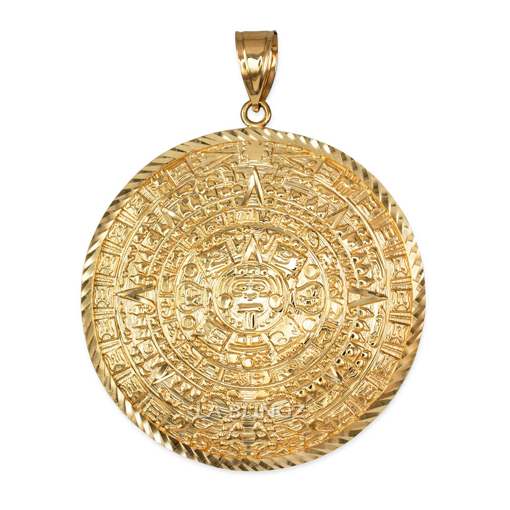 Gold Aztec Mayan Sun Calendar Extra Large Pendant (XL/XXL) (yellow, white, rose gold) Karma Blingz