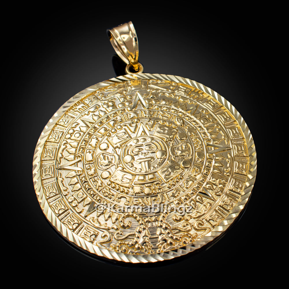 Gold Aztec Mayan Sun Calendar Extra Large Pendant (XL/XXL) (yellow, white, rose gold) Karma Blingz