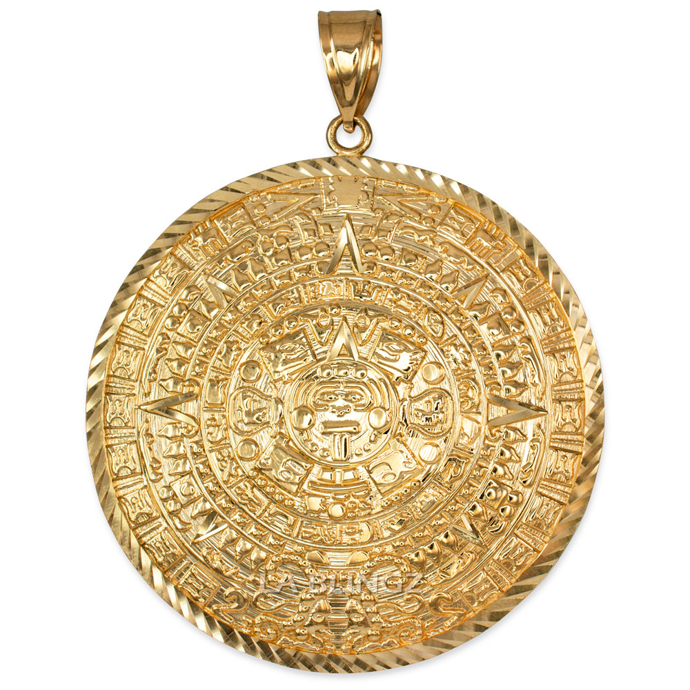 Gold Aztec Mayan Sun Calendar Extra Large Pendant (XL/XXL) (yellow, white, rose gold) Karma Blingz