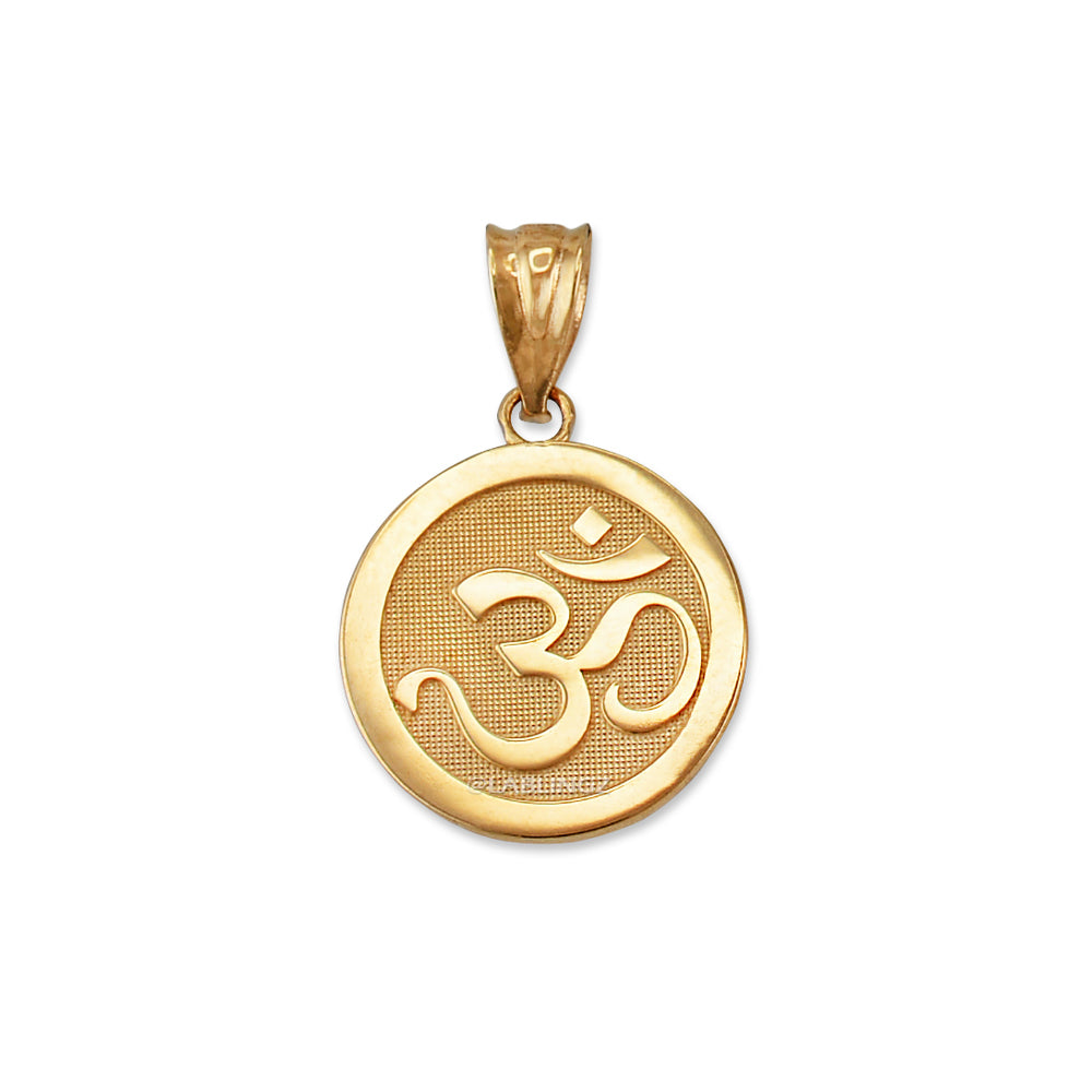 Gold Om Yoga Medallion Charm Necklace (yellow, white, rose gold, 10K, 14K) Karma Blingz