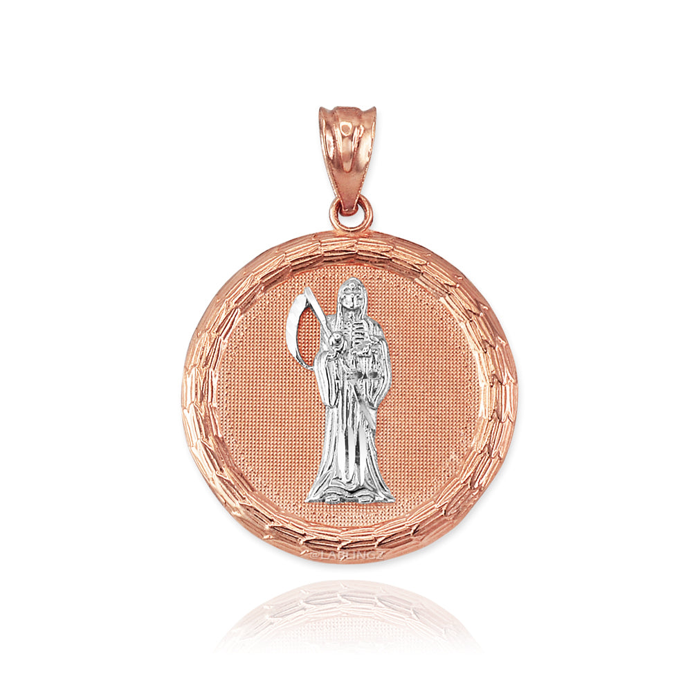 Gold Santa Muerte Medallion Pendant Necklace (yellow, white, rose gold, 2-tone, 10K, 14K) Karma Blingz