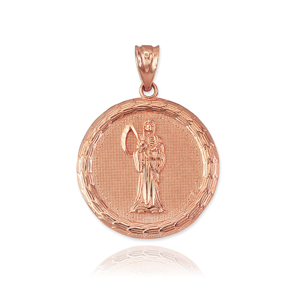 Gold Santa Muerte Medallion Pendant Necklace (yellow, white, rose gold, 2-tone, 10K, 14K) Karma Blingz