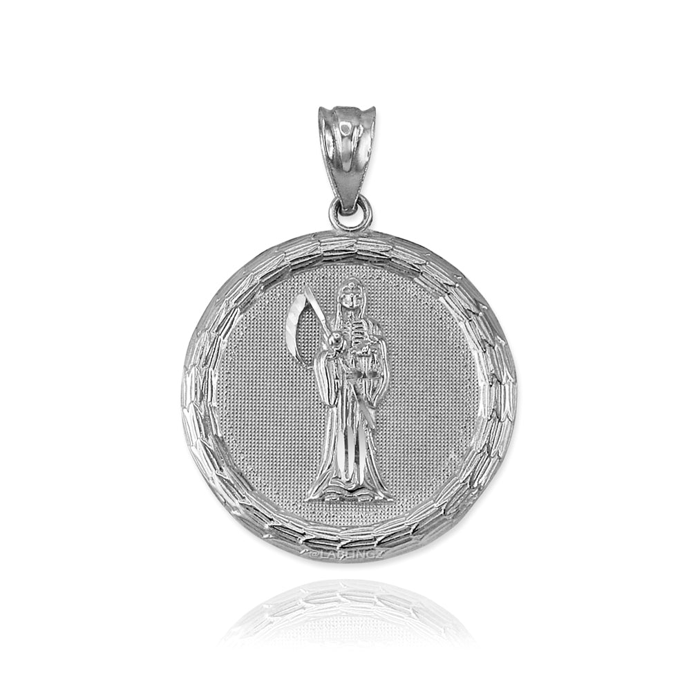 Gold Santa Muerte Medallion Pendant Necklace (yellow, white, rose gold, 2-tone, 10K, 14K) Karma Blingz