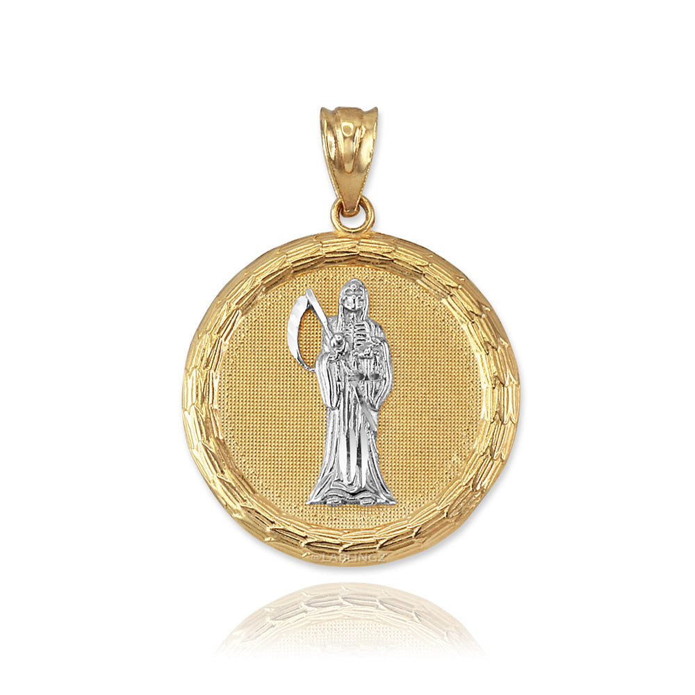 Gold Santa Muerte Medallion Pendant Necklace (yellow, white, rose gold, 2-tone, 10K, 14K) Karma Blingz