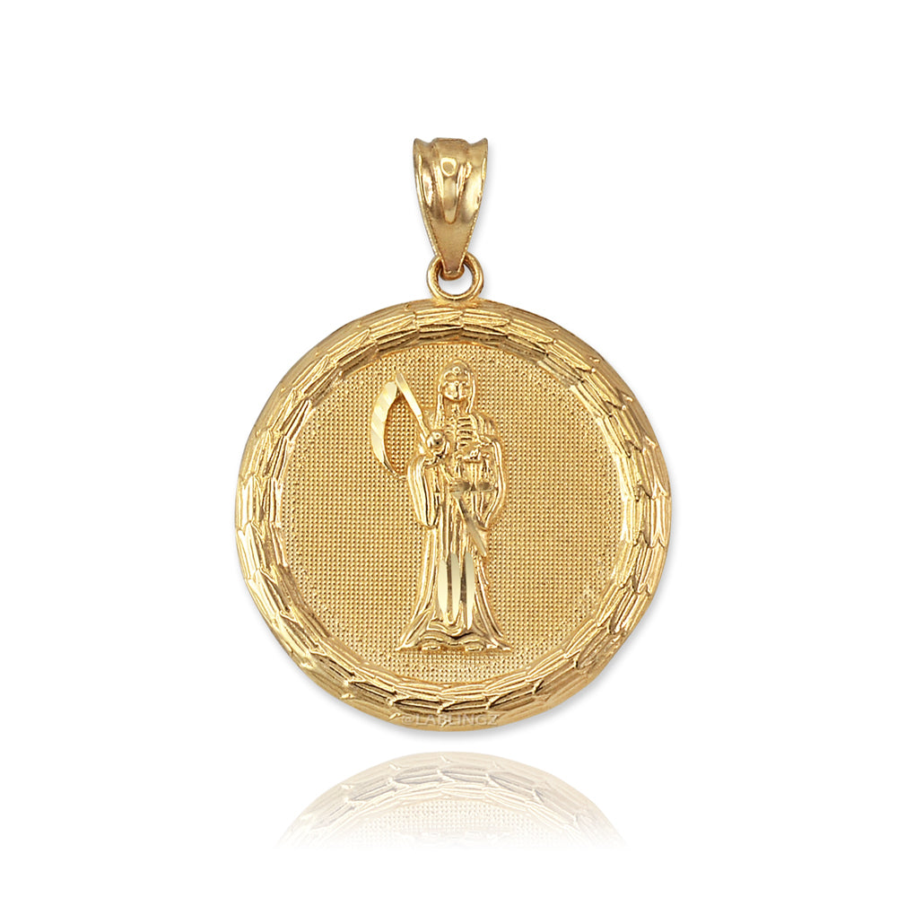 Gold Santa Muerte Medallion Pendant Necklace (yellow, white, rose gold, 2-tone, 10K, 14K) Karma Blingz