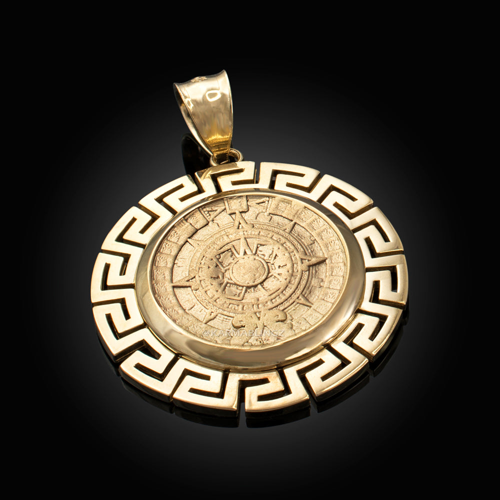 Gold Aztec Bezel Mayan Sun Calendar Pendant (yellow, white, rose gold, 14k, 10k) Karma Blingz