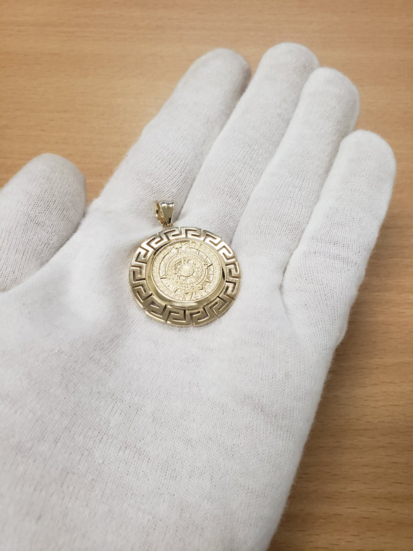 Gold Aztec Bezel Mayan Sun Calendar Pendant (yellow, white, rose gold, 14k, 10k) Karma Blingz