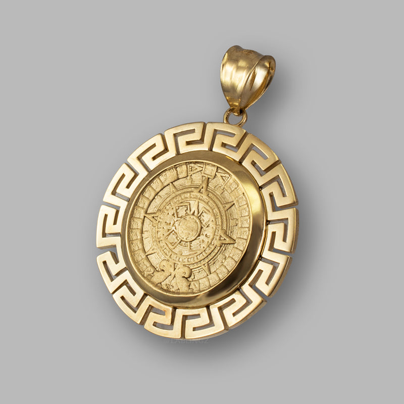 Gold Aztec Bezel Mayan Sun Calendar Pendant (yellow, white, rose gold, 14k, 10k) Karma Blingz