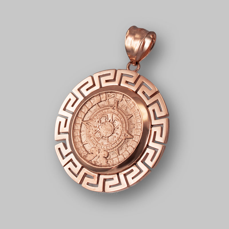 Gold Aztec Bezel Mayan Sun Calendar Pendant (yellow, white, rose gold, 14k, 10k) Karma Blingz