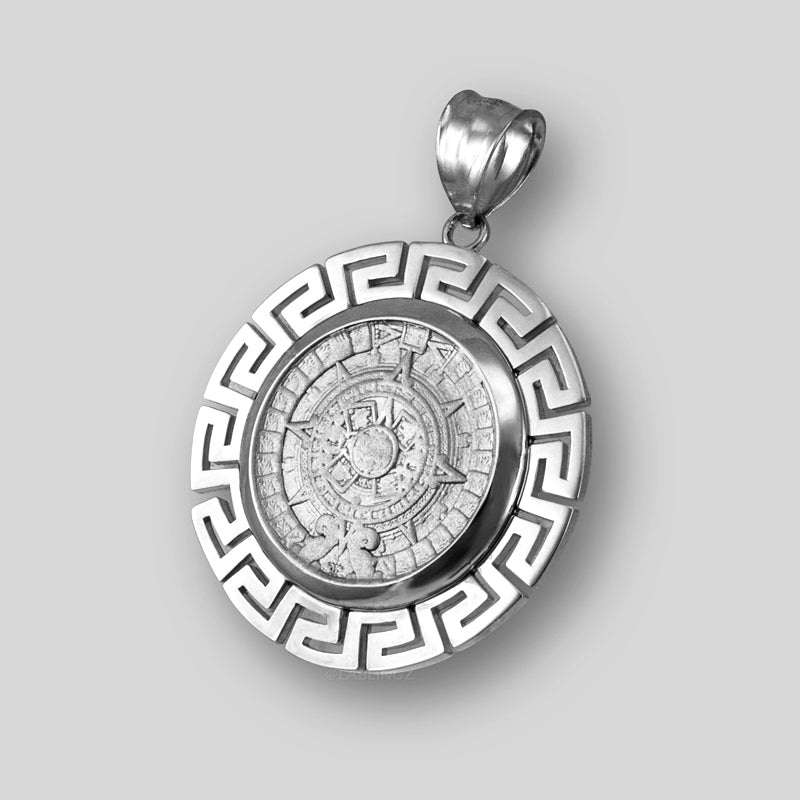 Gold Aztec Bezel Mayan Sun Calendar Pendant (yellow, white, rose gold, 14k, 10k) Karma Blingz