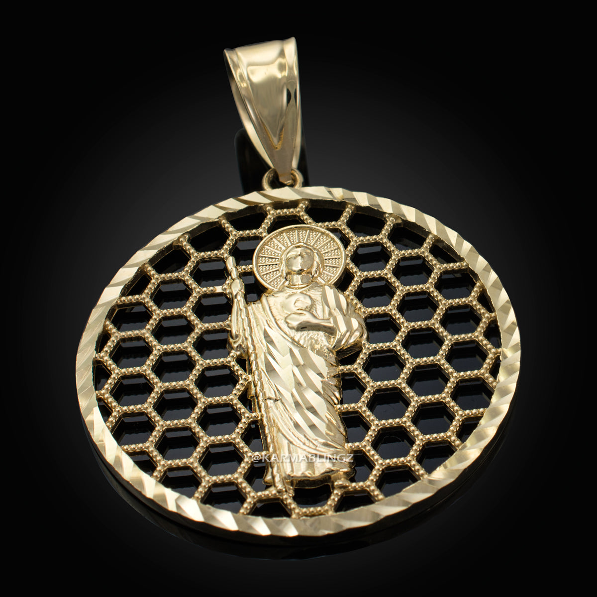 Gold Saint Jude Round Honeycomb DC Pendant (yellow, white, rose, 2-tone, 10k, 14k) Karma Blingz