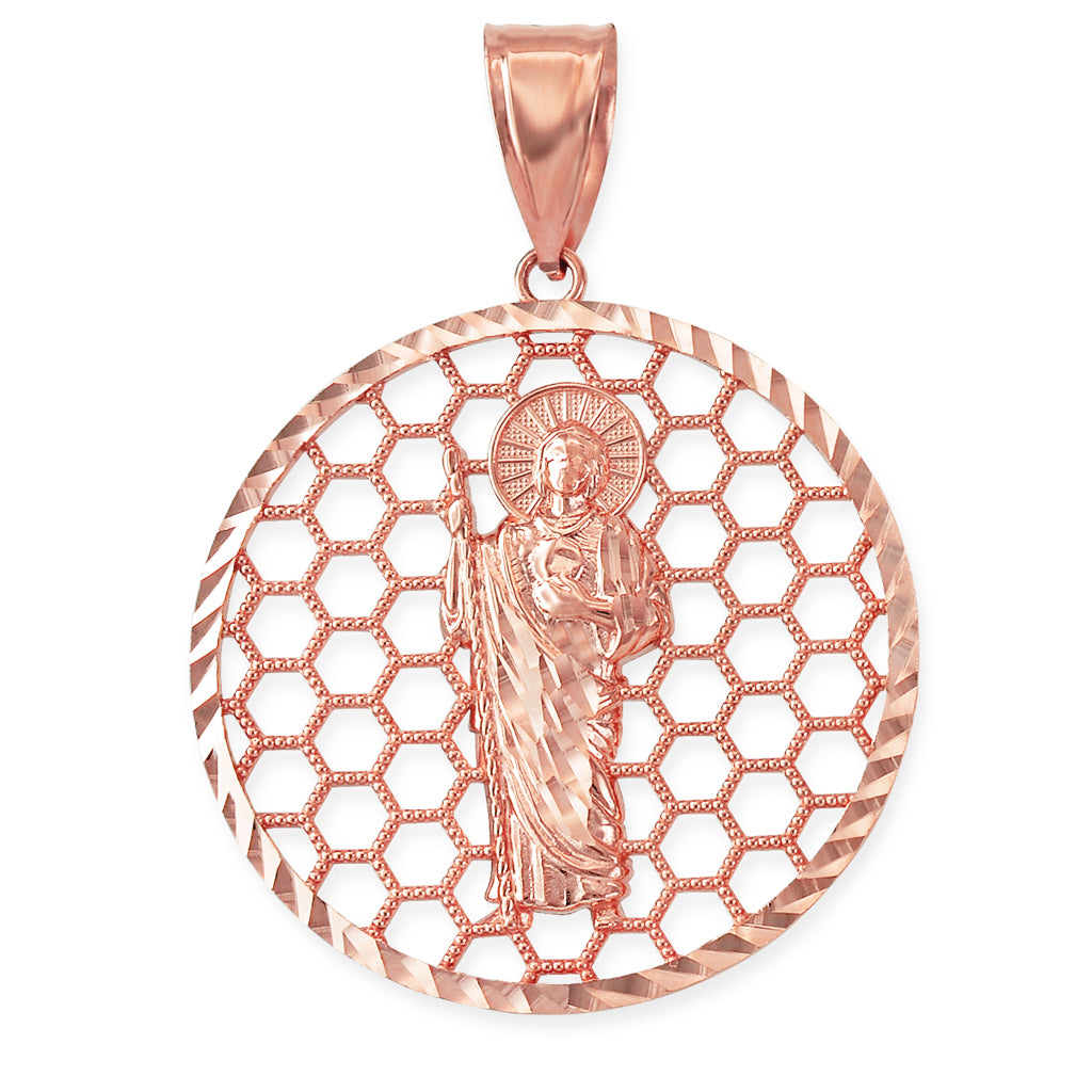 Gold Saint Jude Round Honeycomb DC Pendant (yellow, white, rose, 2-tone, 10k, 14k) Karma Blingz