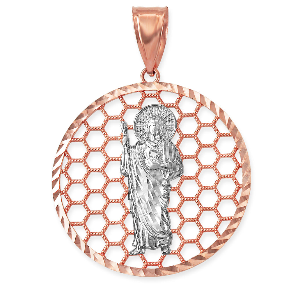 Gold Saint Jude Round Honeycomb DC Pendant (yellow, white, rose, 2-tone, 10k, 14k) Karma Blingz
