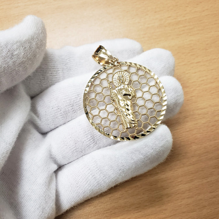 Gold Saint Jude Round Honeycomb DC Pendant (yellow, white, rose, 2-tone, 10k, 14k) Karma Blingz