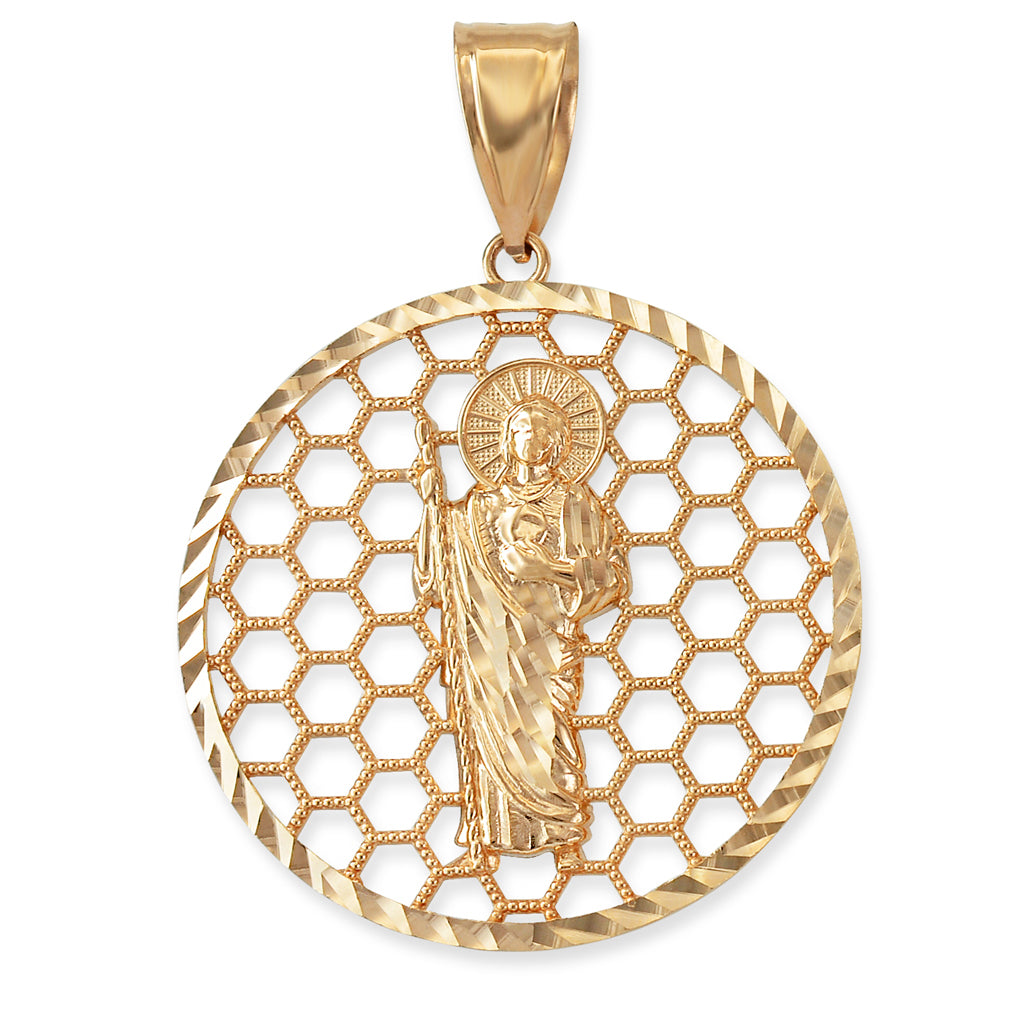 Gold Saint Jude Round Honeycomb DC Pendant (yellow, white, rose, 2-tone, 10k, 14k) Karma Blingz