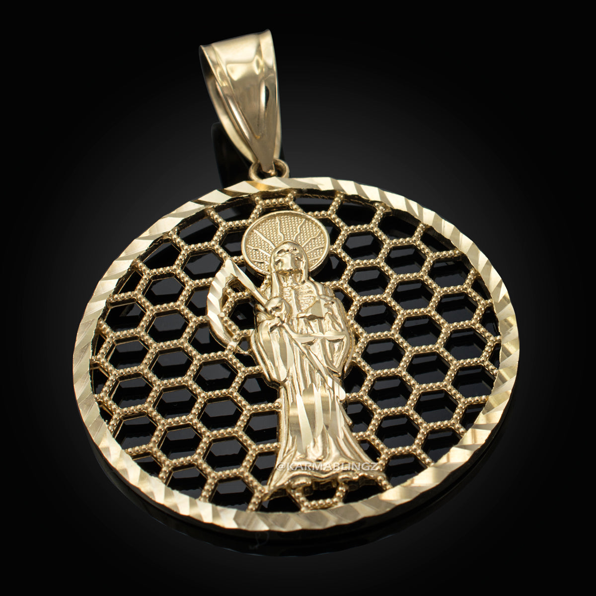 Gold Santa Muerte Round Honeycomb DC Pendant (yellow, white, rose, 2-tone, 10k, 14k) Karma Blingz