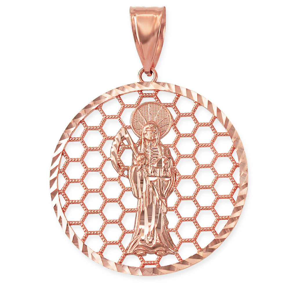 Gold Santa Muerte Round Honeycomb DC Pendant (yellow, white, rose, 2-tone, 10k, 14k) Karma Blingz