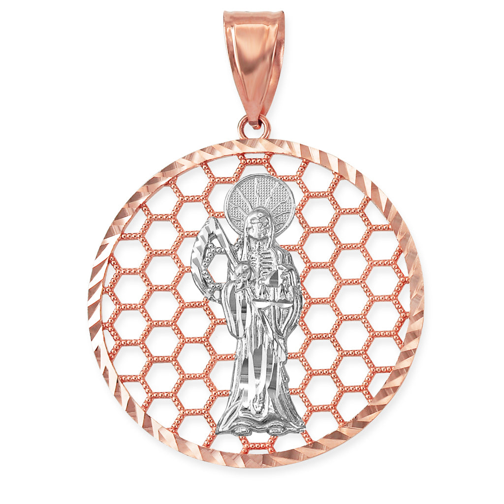Gold Santa Muerte Round Honeycomb DC Pendant (yellow, white, rose, 2-tone, 10k, 14k) Karma Blingz
