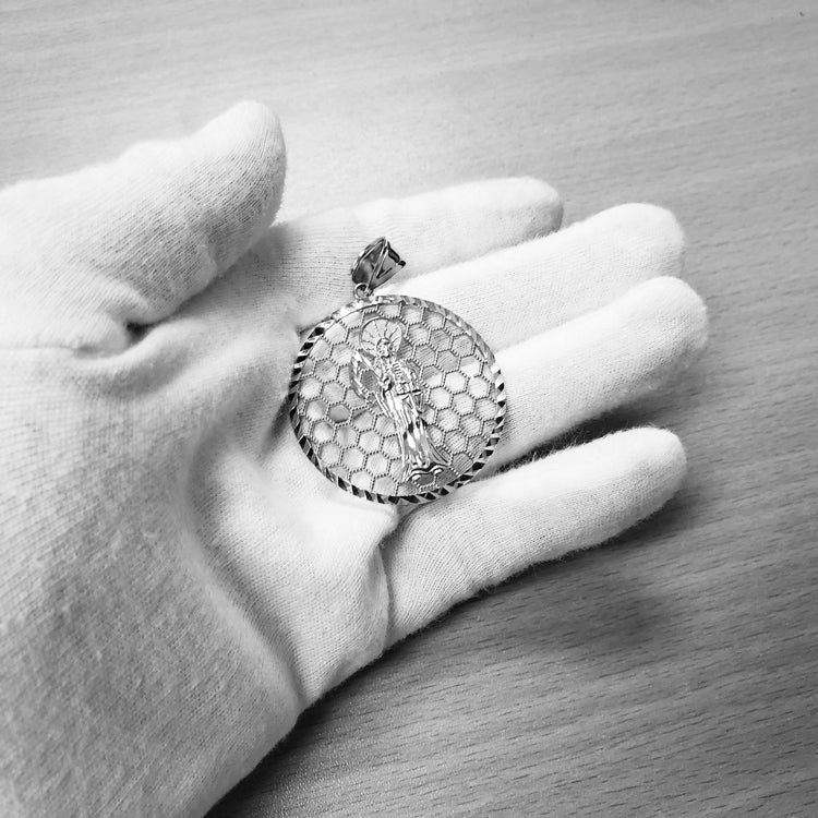 Sterling Silver Santa Muerte Round Honeycomb DC Pendant Karma Blingz