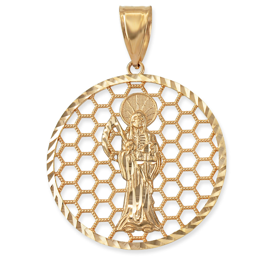 Gold Santa Muerte Round Honeycomb DC Pendant (yellow, white, rose, 2-tone, 10k, 14k) Karma Blingz