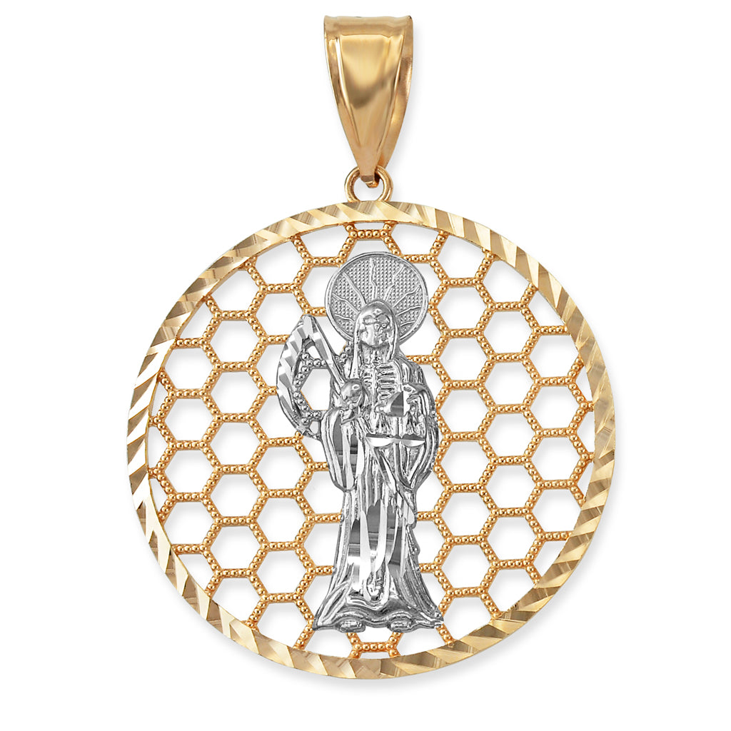 Gold Santa Muerte Round Honeycomb DC Pendant (yellow, white, rose, 2-tone, 10k, 14k) Karma Blingz