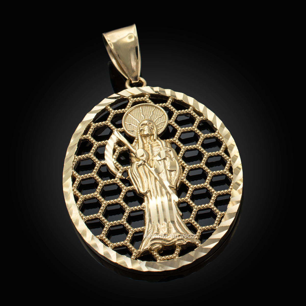 Gold Santa Muerte Oval Honeycomb DC Pendant (yellow, white, rose, 2-tone, 10k, 14k) Karma Blingz
