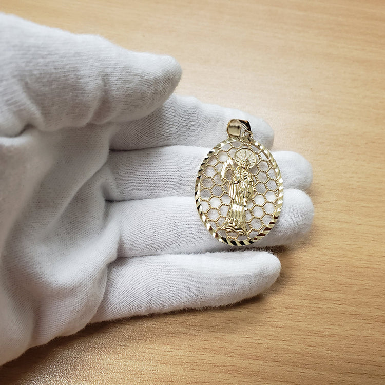 Gold Santa Muerte Oval Honeycomb DC Pendant (yellow, white, rose, 2-tone, 10k, 14k) Karma Blingz