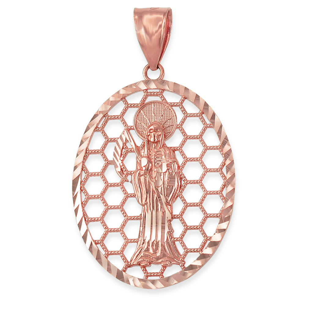 Gold Santa Muerte Oval Honeycomb DC Pendant (yellow, white, rose, 2-tone, 10k, 14k) Karma Blingz