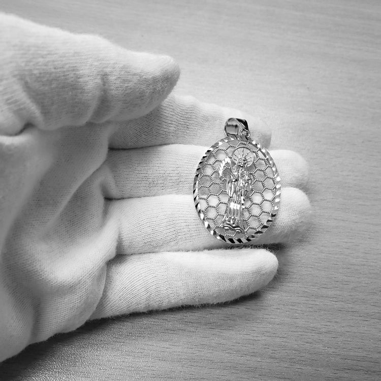 Sterling Silver Santa Muerte Oval Honeycomb DC Pendant Karma Blingz