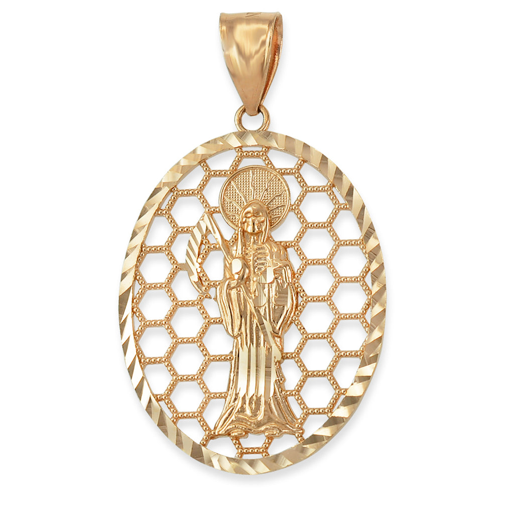 Gold Santa Muerte Oval Honeycomb DC Pendant (yellow, white, rose, 2-tone, 10k, 14k) Karma Blingz