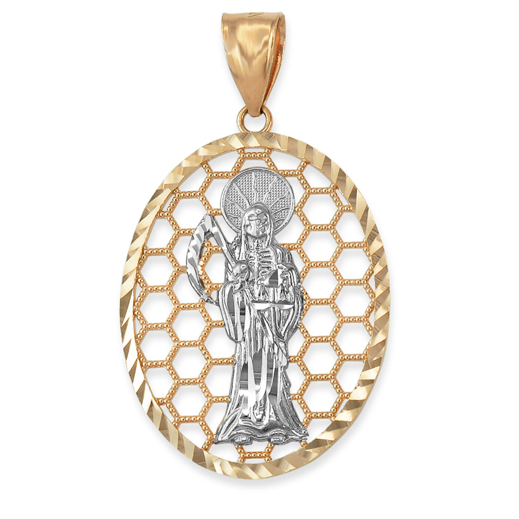 Gold Santa Muerte Oval Honeycomb DC Pendant (yellow, white, rose, 2-tone, 10k, 14k) Karma Blingz
