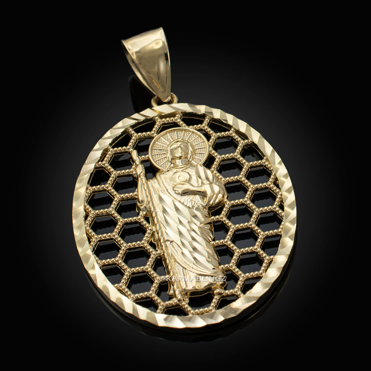 Gold Saint Jude Oval Honeycomb DC Pendant (yellow, white, rose, 2-tone, 10k, 14k) Karma Blingz