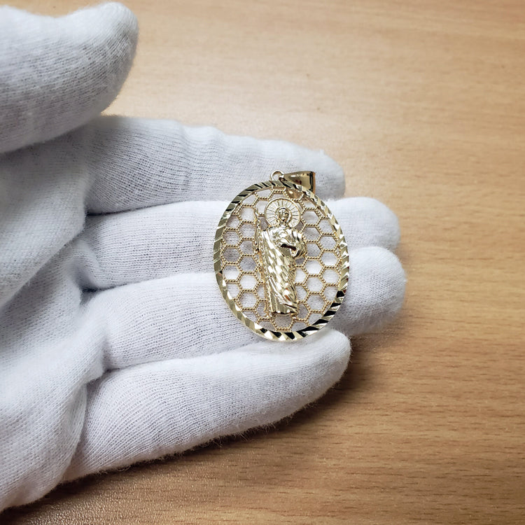 Gold Saint Jude Oval Honeycomb DC Pendant (yellow, white, rose, 2-tone, 10k, 14k) Karma Blingz