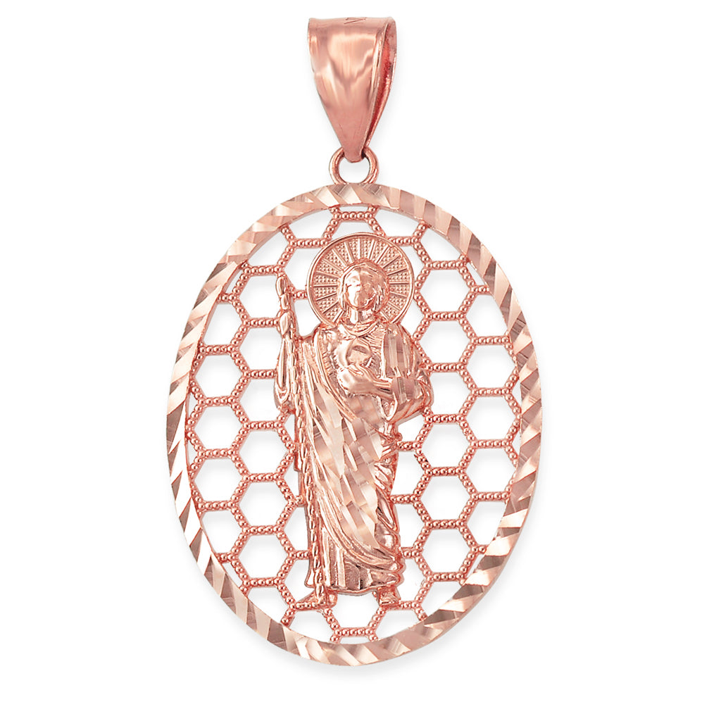 Gold Saint Jude Oval Honeycomb DC Pendant (yellow, white, rose, 2-tone, 10k, 14k) Karma Blingz