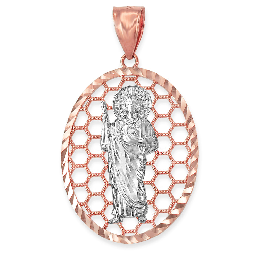 Gold Saint Jude Oval Honeycomb DC Pendant (yellow, white, rose, 2-tone, 10k, 14k) Karma Blingz