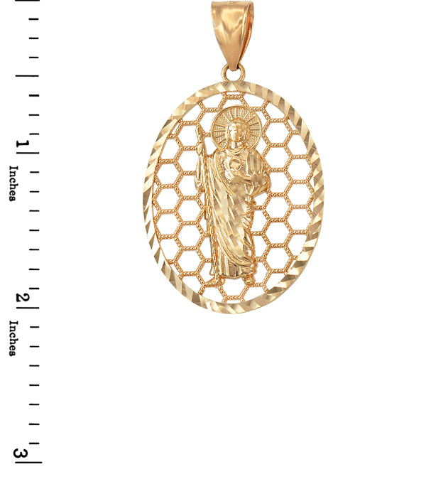 Gold Saint Jude Oval Honeycomb DC Pendant (yellow, white, rose, 2-tone, 10k, 14k) Karma Blingz